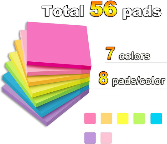 (56 Pads) Sticky Notes Bulk 3x3 in Post Bright Stickies Colorful Memo Pads