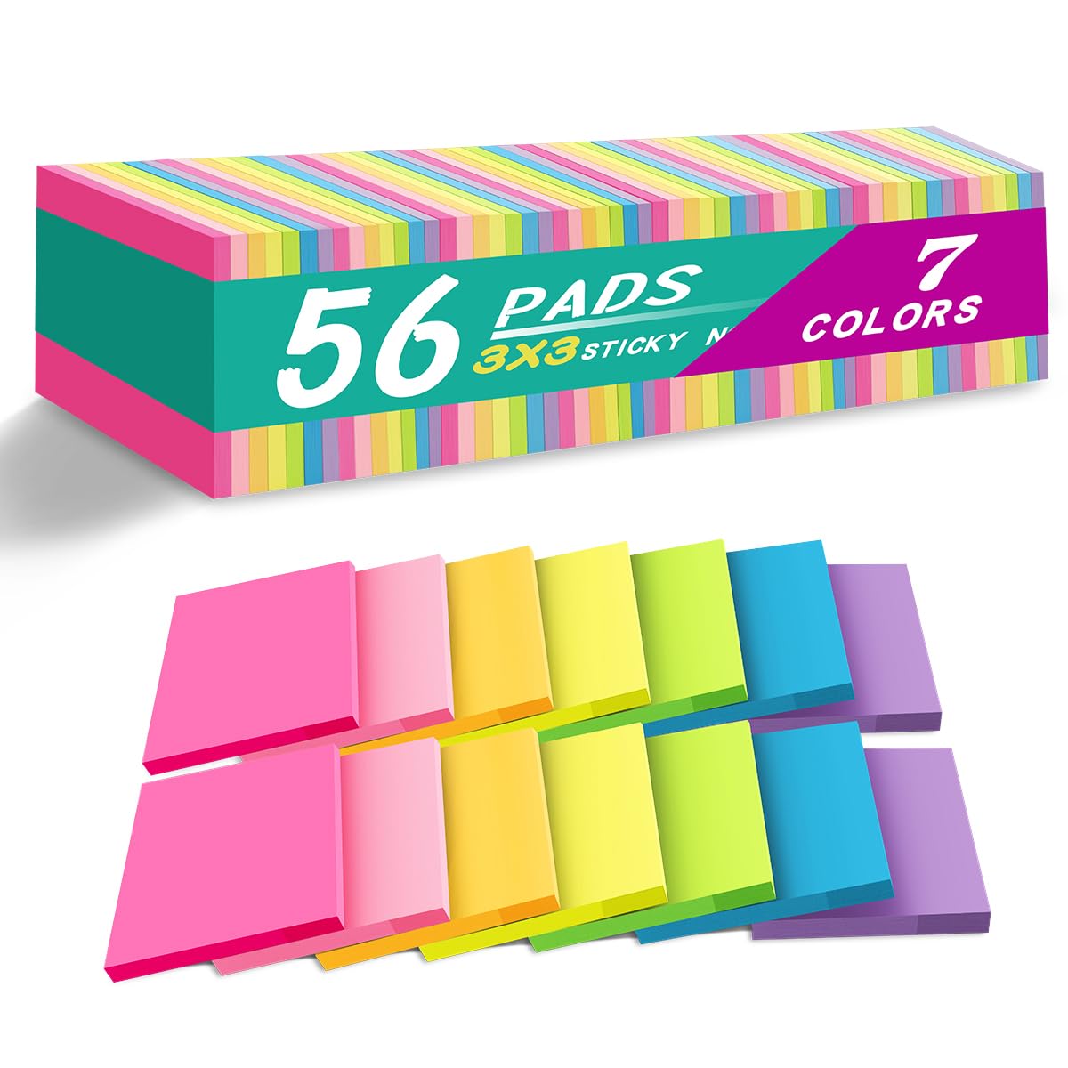 (56 Pads) Sticky Notes Bulk 3x3 in Post Bright Stickies Colorful Memo Pads