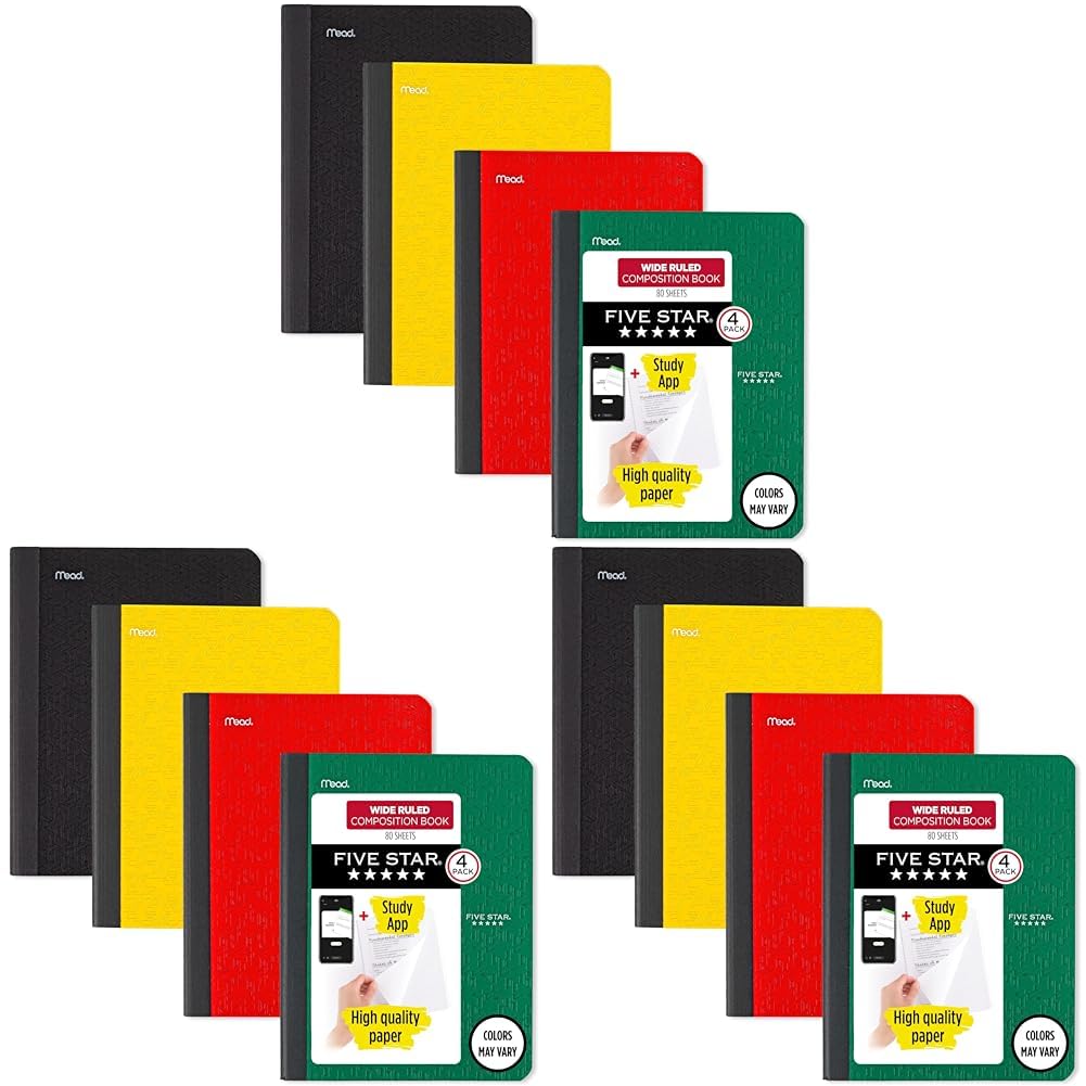 Five Star Composition Book + Study App, 4 Pack, College Ruled Paper, 7-1/2" x 9-3/4", 80 Sheets, Forest Green, Pacific Blue, Fire Red and Black (850065B-ECM)