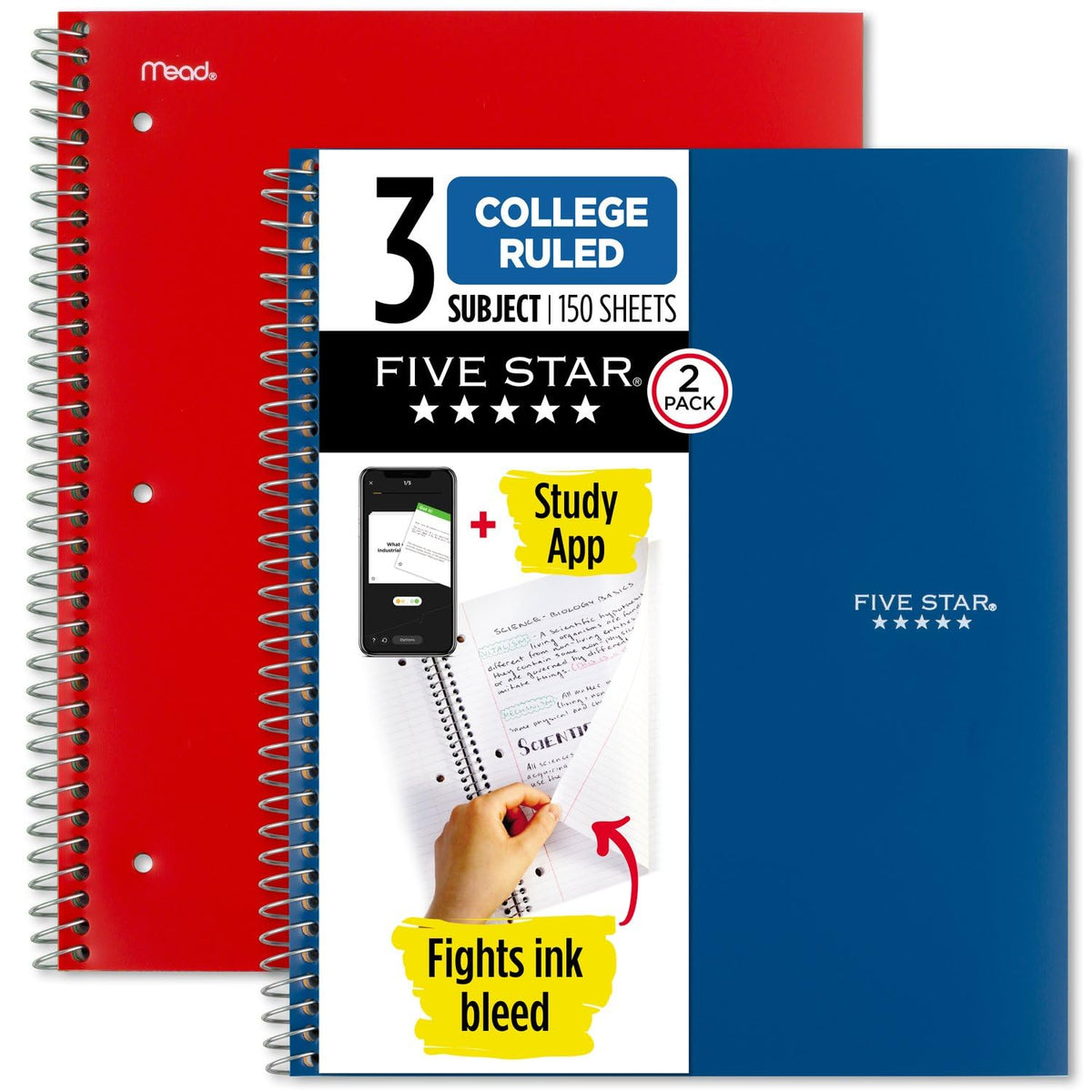 Five Star Spiral Notebook + Study App, 2 Pack, 3 Subject, College Ruled Paper, 8-1/2" x 11", 150 Sheets, Fights Ink Bleed, Water Resistant Cover, Black, Green (820191)