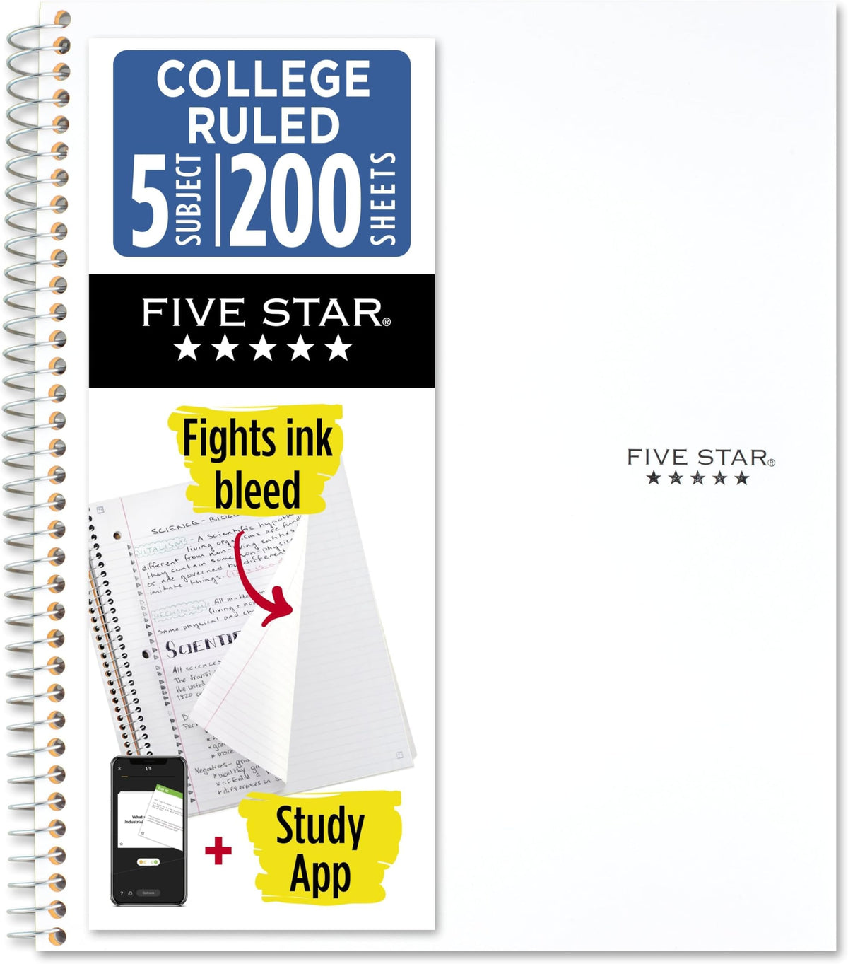Five Star Spiral Notebook + Study App, 5 Subject, College Ruled Paper, 8-1/2" x 11", 200 Sheets, Fights Ink Bleed, Water Resistant Cover, White (72460)