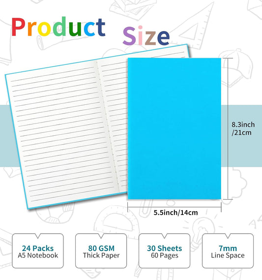 24 Pack Colorful Lined Notebooks for Writing, 8.3x5.5 Inch Journals Bulk