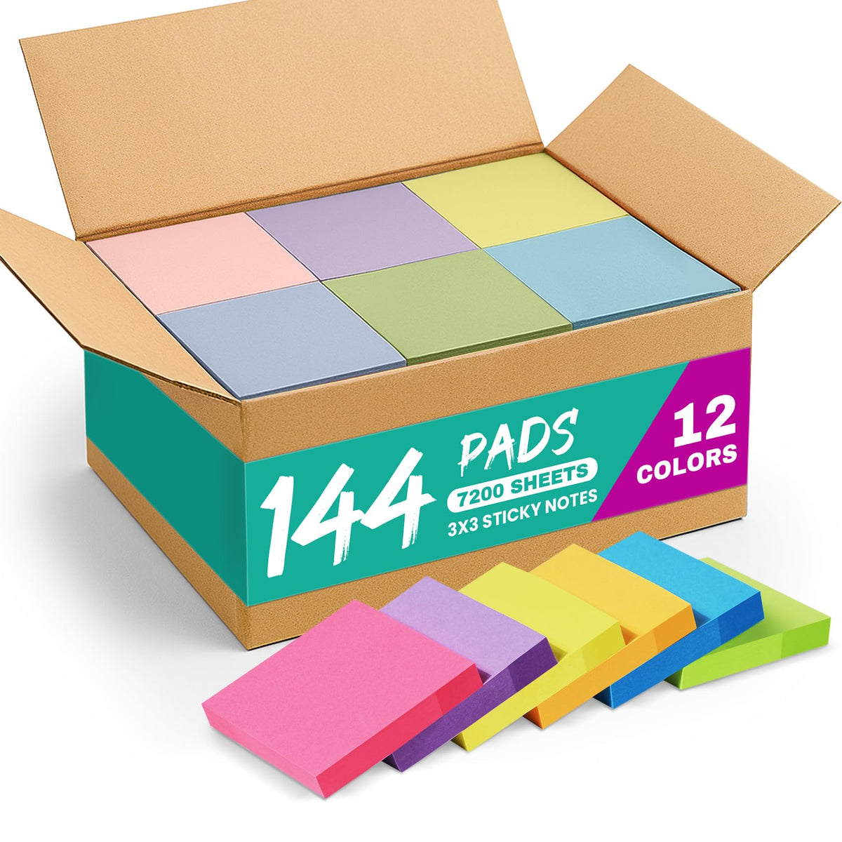 Taja 36 Pads Sticky Notes, 3x3 Inches, 12 Bright Colors, 50 Sheets/Pad