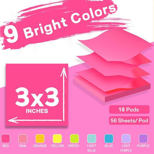 (18 Pads) Pop Up Sticky Notes 3x3in with 9 Bright Colors for Office, School