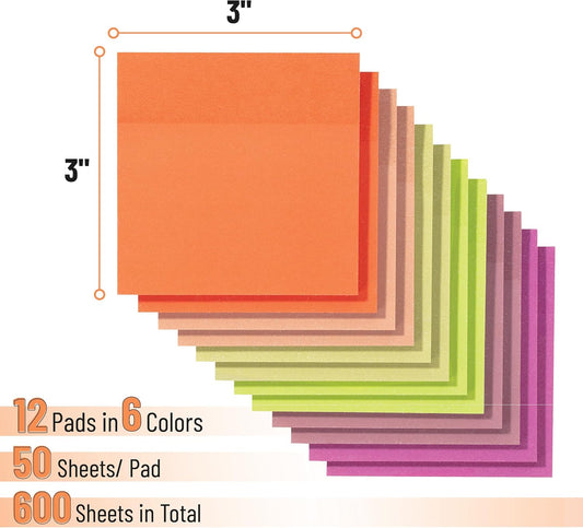 Mr. Pen- Sticky Notes, 3"x3", 12 Pads, 600 Sheets, Assorted Colors