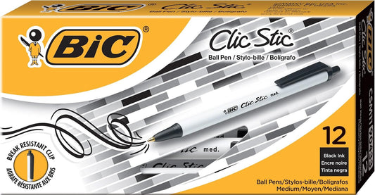 BIC Clic Stic Black Ballpoint Pens, Medium Point, 1.0mm, 12-Count