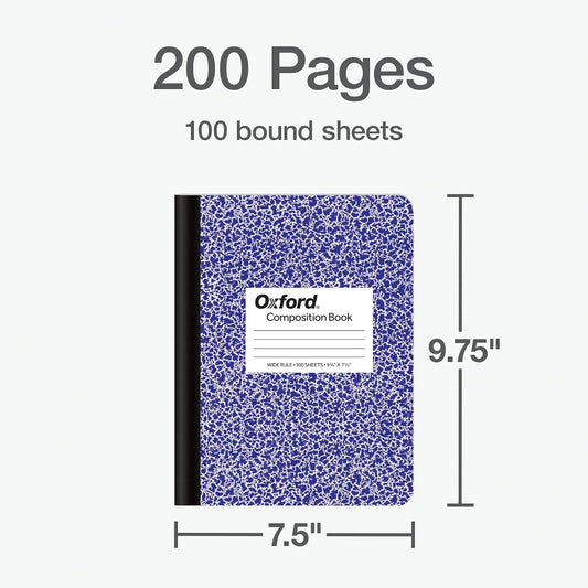 Oxford Composition Notebooks, 3 Pack, Cover Colors Vary, Wide Ruled Paper, 9-3/4 x 7-1/2 Inch School Journals, Assorted Marble Covers, 100 Sheets per Book (1002517)