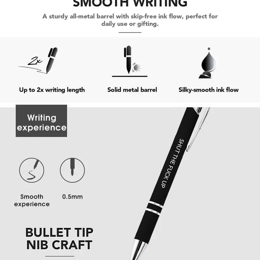 12-Pack NSFW Quote Metal Ballpoint Pen Kit, Retractable Refillable with Black Ink & Capacitive Tip, for Phone, Tablet & Office, Humor Gift Set with Assorted-Mixed Colors & Pen Pouch (All Seasons Use)