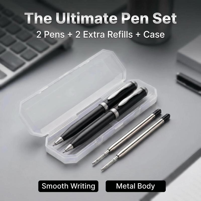 2 Pcs Retractable Metal Ballpoint Pens, for Gift, Business, Office, 1.0mm Medium Point Black Ink, 2 Extras Replaceable Metal Refills Smooth Writing Ballpoint
