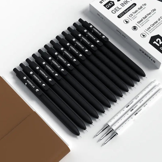 STAGEEK GX3 0.7mm Black Gel Ink Pens & Refills Set (12ct) - Quick Drying, Ergonomic Grip, Durable Pen Clip, 3 Extra Refills, Office Accessories for School Note Taking
