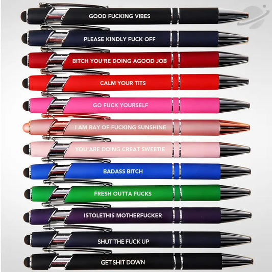 12-Pack NSFW Quote Metal Ballpoint Pen Kit, Retractable Refillable with Black Ink & Capacitive Tip, for Phone, Tablet & Office, Humor Gift Set with Assorted-Mixed Colors & Pen Pouch (All Seasons Use)