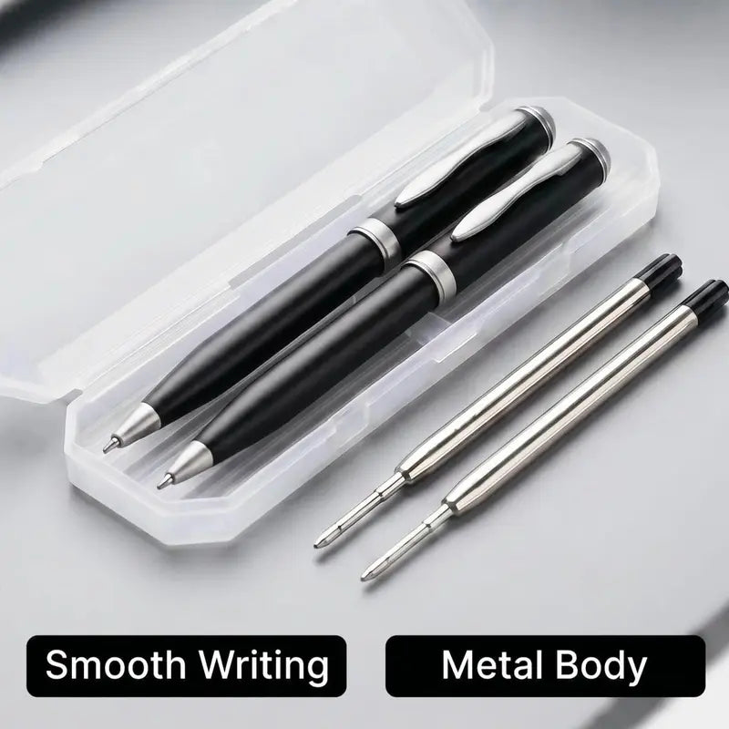 2 Pcs Retractable Metal Ballpoint Pens, for Gift, Business, Office, 1.0mm Medium Point Black Ink, 2 Extras Replaceable Metal Refills Smooth Writing Ballpoint