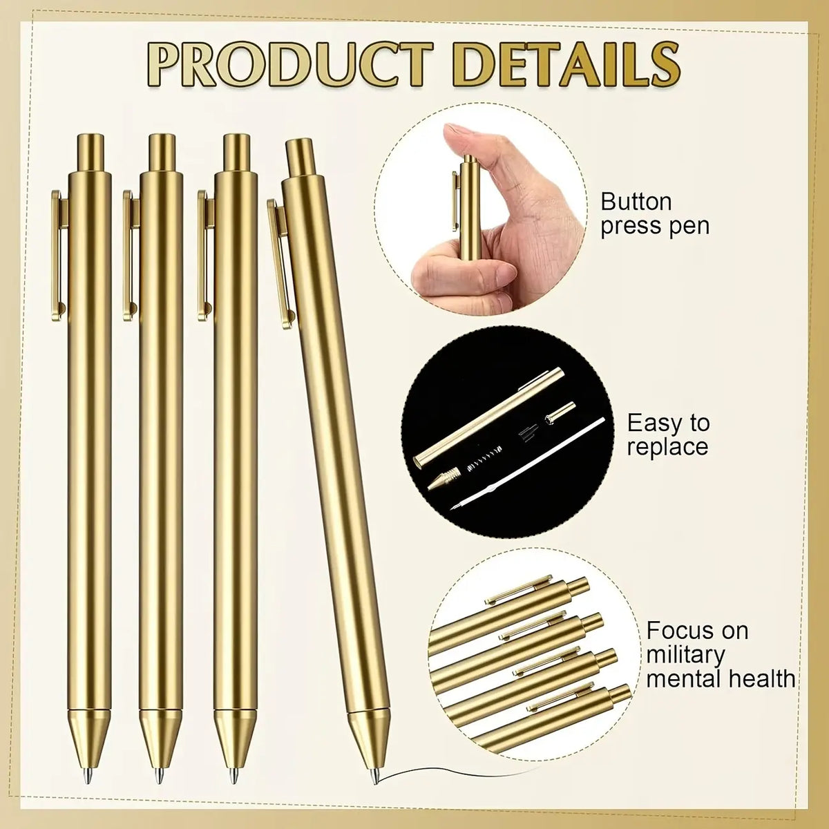 Retractable Ballpoint Pens, Gold Tone Click Design, Slim Barrel with Pocket Clip for Office, School, Writing, Journaling and Daily Use
