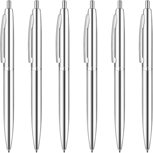 Unibene 6 Pack Sliver Click Ballpoint Pens - Black ink Medium Point(1 mm), Stainless Steel Metallic Retractable Pen Nice Gift for Business Office Students Teachers Wedding Christmas
