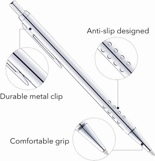 Unibene 6 Pack Sliver Click Ballpoint Pens - Black ink Medium Point(1 mm), Metallic Retractable Pen with 6 Stainless Steel Refills