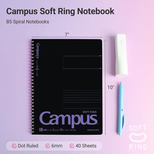 KOKUYO Spiral Notebook Journal, Black 3 Pack Campus B5 Soft Ring Notebooks with Dotted B 6mm Rule, 40 Sheets, 1 Subject Notebook in Red Purple Green, College Office Note Taking. Japan Import