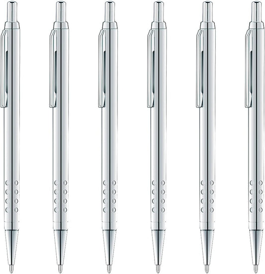 Unibene 6 Pack Sliver Click Ballpoint Pens - Black ink Medium Point(1 mm), Metallic Retractable Pen with 6 Stainless Steel Refills