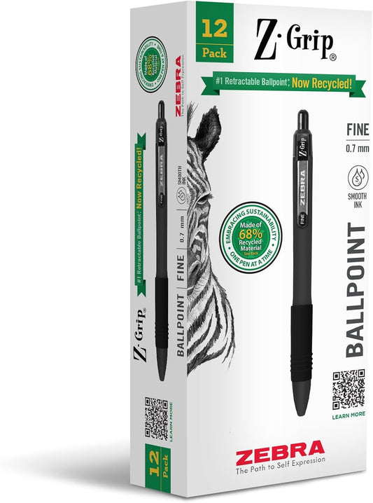 Zebra Pen Z-Grip Recycled Ballpoint Pen, Black Ink, 0.7mm, 12-Pack