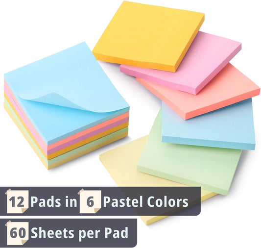 Mr. Pen- Sticky Notes, 3"x3", 12 Pads, 720 Sheets, Pastel Colors