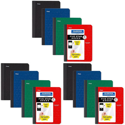 Five Star Composition Book + Study App, 4 Pack, College Ruled Paper, 7-1/2" x 9-3/4", 80 Sheets, Forest Green, Pacific Blue, Fire Red and Black (850065B-ECM)