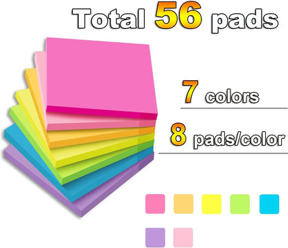 (56 Pads) Sticky Notes Bulk 3x3 in Post Bright Stickies Colorful Memo Pads
