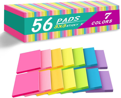 (56 Pads) Sticky Notes Bulk 3x3 in Post Bright Stickies Colorful Memo Pads