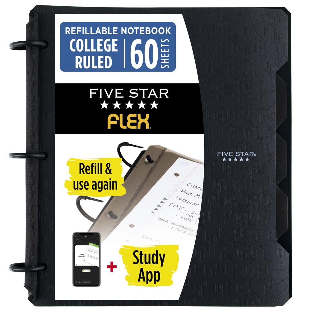 Five Star Flex Refillable Notebook + Study App, College Ruled Paper and 1 Inch TechLock Ring Binder with Pockets, Tabs and Dividers, 200 Sheet Capacity, Black (29328AA2)