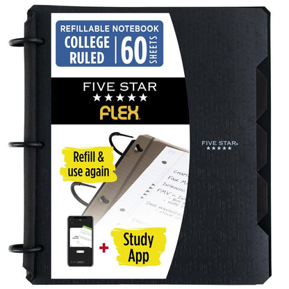 Five Star Flex Refillable Notebook + Study App, College Ruled Paper and 1 Inch TechLock Ring Binder with Pockets, Tabs and Dividers, 200 Sheet Capacity, Black (29328AA2)