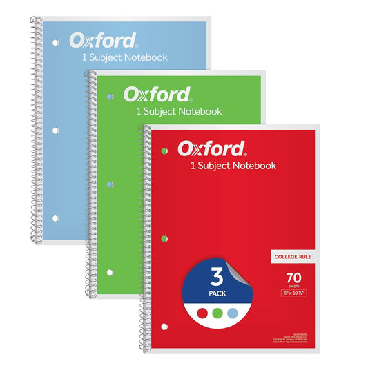Oxford 1-Subject Notebooks, Notebooks for School, 8 x 10.5 Inches, College Rule, 70 Sheets, Assorted Primary Colors, 3 Pack, Colors May Vary (1006792)