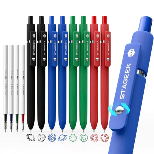 STAGEEK GX3 Series 12-Piece Set - Assorted Color Gel Ink Fine Tip Pens, 8 Pens, 4 Refills, 0.7mm Quick Dry Retractable Fidget Design, Silicone Grip, Durable Clip, Office Accessories, School Supplies