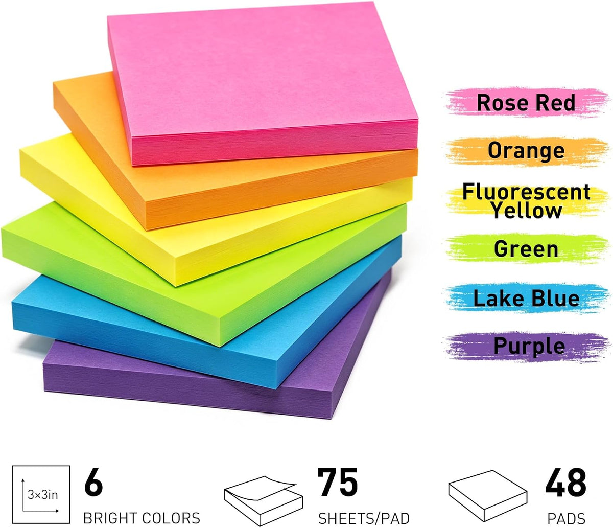 (3600 Sheets) Sticky Notes 3x3 Inch, 48 Pads, 75 Sheets/Pad, 6 Colors