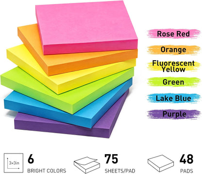 (3600 Sheets) Sticky Notes 3x3 Inch, 48 Pads, 75 Sheets/Pad, 6 Colors
