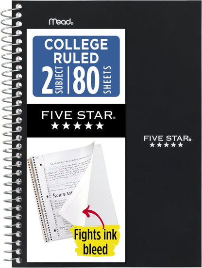 Five Star Spiral Notebook, 2 Subject, College Ruled Paper, 6" x 9-1/2", 80 Sheets, Fights Ink Bleed, Water Resistant Cover, Seaglass Green (840029CH1-ECM)