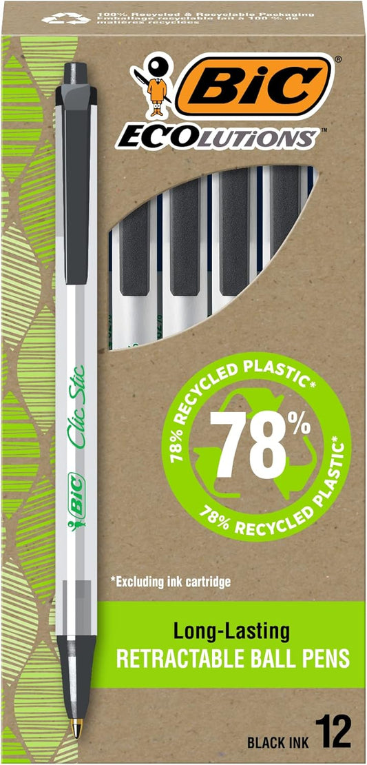 BIC Ecolutions Clic Stic Black Ballpoint Pens, Medium Point, 12-Count