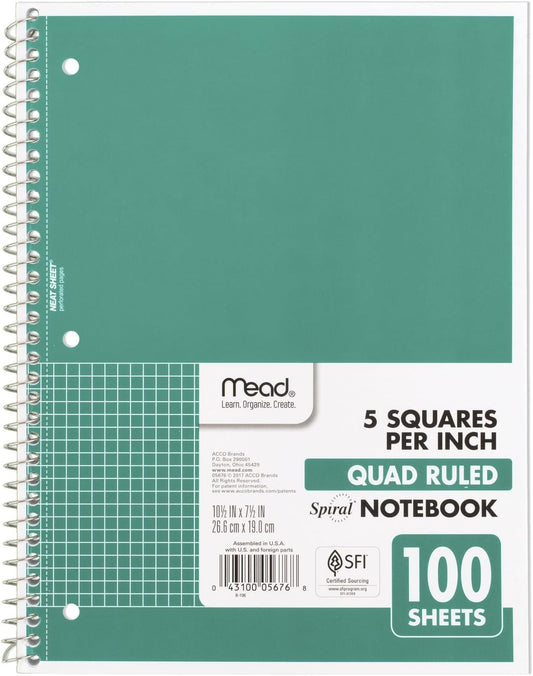 Mead Spiral Notebook, 1 Subject, Graph Ruled Paper, 7-1/2" x 10-1/2", 100 Sheets, Green (05676AC5)