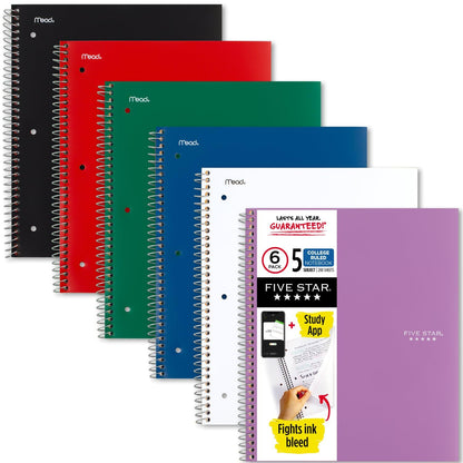 Five Star Spiral Notebook + Study App, 5 Subject, College Ruled Paper, 8-1/2" x 11", 200 Sheets, Fights Ink Bleed, Water Resistant Cover, White (72460)