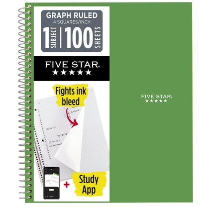 Five Star Spiral Notebook + Study App, 1 Subject, Graph Ruled Paper, 8-1/2" x 11", 100 Sheets, Fights Ink Bleed, Water Resistant Cover, Tidewater Blue (06190AA4)