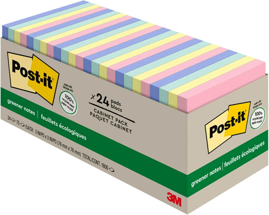 Post-it Greener Notes, 3x3 in, 24 Pads, America's #1 Favorite Sticky Notes, Sweet Sprinkles Collection, Pastel Colors, Clean Removal, 100% Recycled Material (654R-24CP-AP)