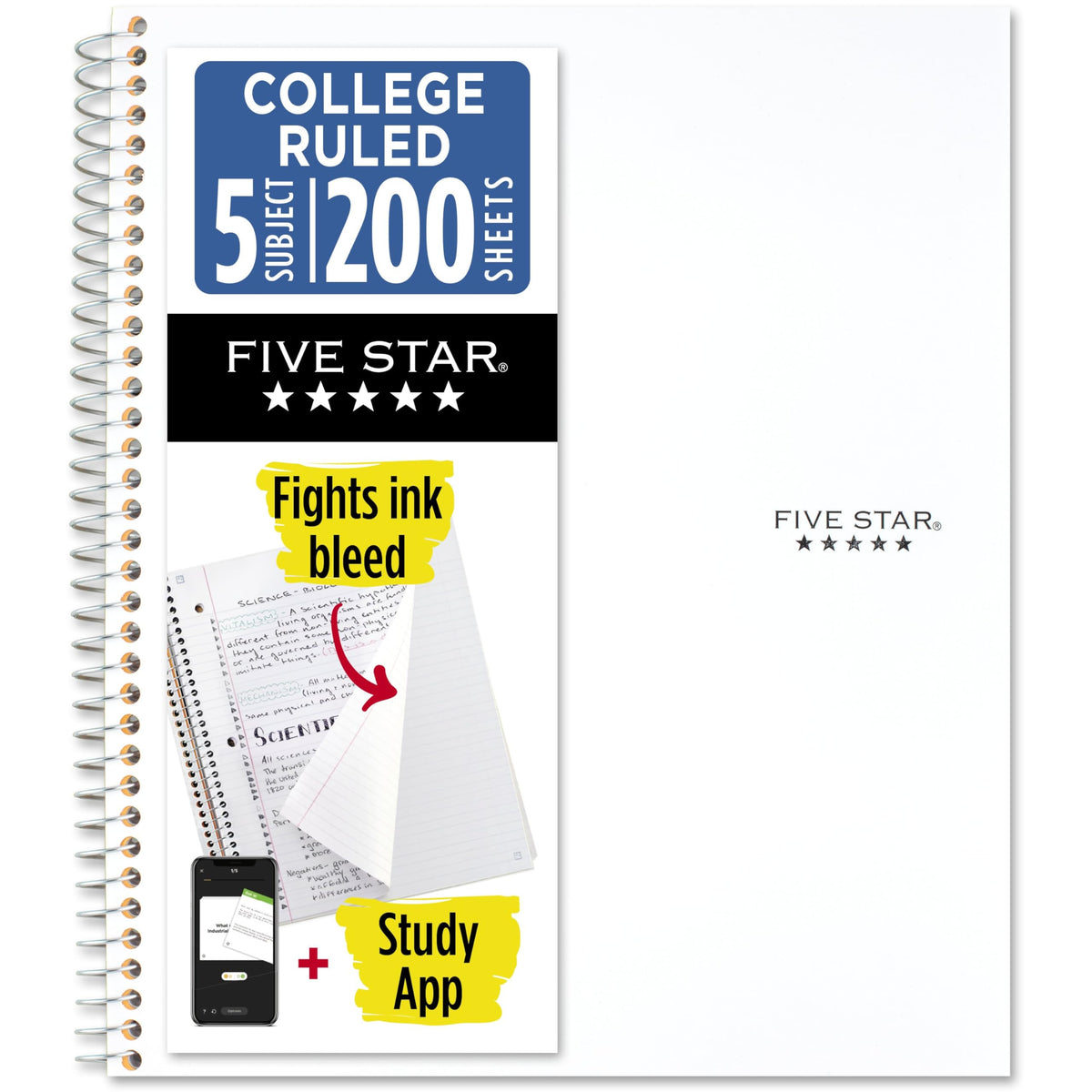 Five Star Spiral Notebook + Study App, 5 Subject, College Ruled Paper, 8-1/2" x 11", 200 Sheets, Fights Ink Bleed, Water Resistant Cover, White (72460)