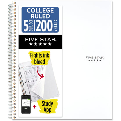 Five Star Spiral Notebook + Study App, 5 Subject, College Ruled Paper, 8-1/2" x 11", 200 Sheets, Fights Ink Bleed, Water Resistant Cover, White (72460)