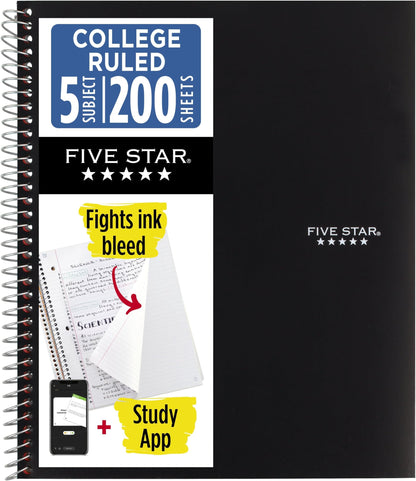 Five Star Spiral Notebook + Study App, 5 Subject, College Ruled Paper, 8-1/2" x 11", 200 Sheets, Fights Ink Bleed, Water Resistant Cover, White (72460)