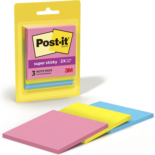 Post-it Super Sticky Notes, 3 x 3 in, Neon Fizz, 3 Pads, 45 Sheets/Pad