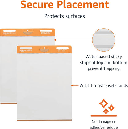 Amazon Basics Sticky Easel Pads for Presentations, Brainstorming, Classroom Use, Bleed-Resistant, Easy to Hang, 25 x 30 in, White, 2-Pack