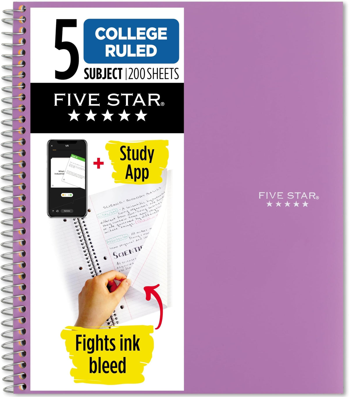 Five Star Spiral Notebook + Study App, 5 Subject, College Ruled Paper, 8-1/2" x 11", 200 Sheets, Fights Ink Bleed, Water Resistant Cover, White (72460)