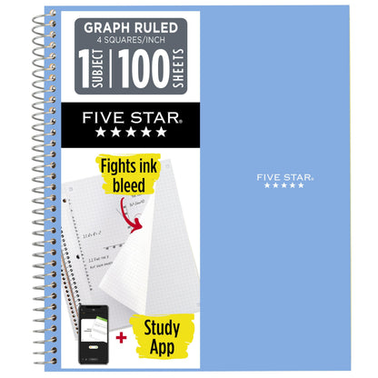 Five Star Spiral Notebook + Study App, 1 Subject, Graph Ruled Paper, 8-1/2" x 11", 100 Sheets, Fights Ink Bleed, Water Resistant Cover, Tidewater Blue (06190AA4)