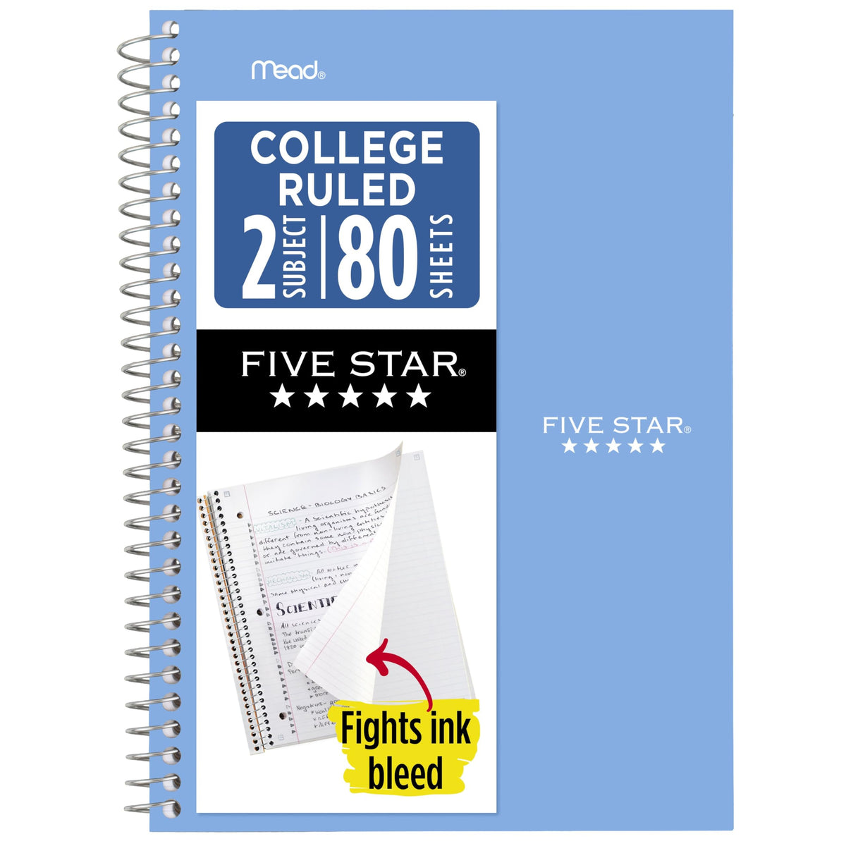 Five Star Spiral Notebook, 2 Subject, College Ruled Paper, 6" x 9-1/2", 80 Sheets, Fights Ink Bleed, Water Resistant Cover, Seaglass Green (840029CH1-ECM)