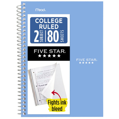 Five Star Spiral Notebook, 2 Subject, College Ruled Paper, 6" x 9-1/2", 80 Sheets, Fights Ink Bleed, Water Resistant Cover, Seaglass Green (840029CH1-ECM)