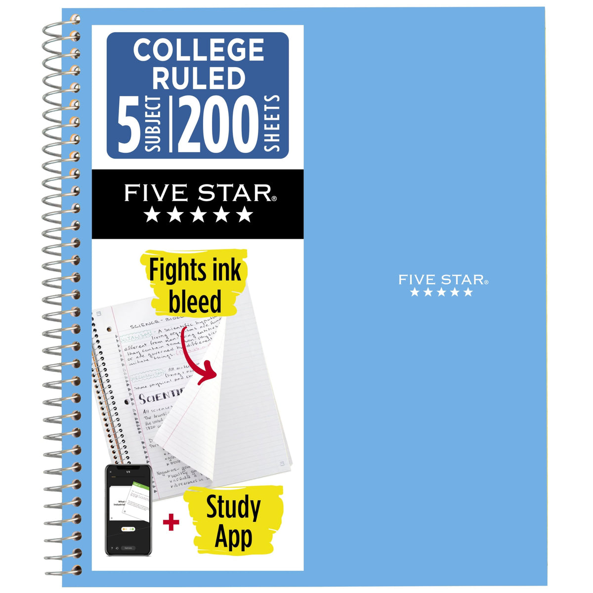 Five Star Spiral Notebook + Study App, 5 Subject, College Ruled Paper, 8-1/2" x 11", 200 Sheets, Fights Ink Bleed, Water Resistant Cover, White (72460)