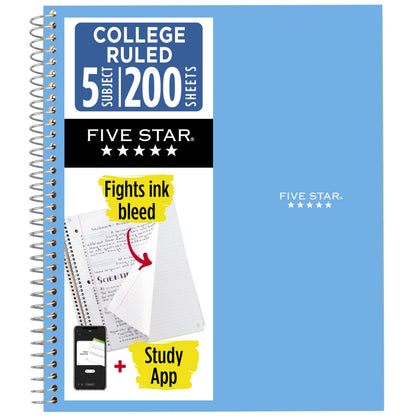 Five Star Spiral Notebook + Study App, 5 Subject, College Ruled Paper, 8-1/2" x 11", 200 Sheets, Fights Ink Bleed, Water Resistant Cover, White (72460)