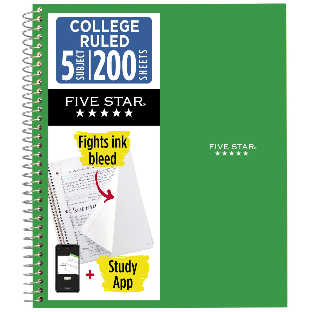 Five Star Spiral Notebook + Study App, 5 Subject, College Ruled Paper, 8-1/2" x 11", 200 Sheets, Fights Ink Bleed, Water Resistant Cover, White (72460)